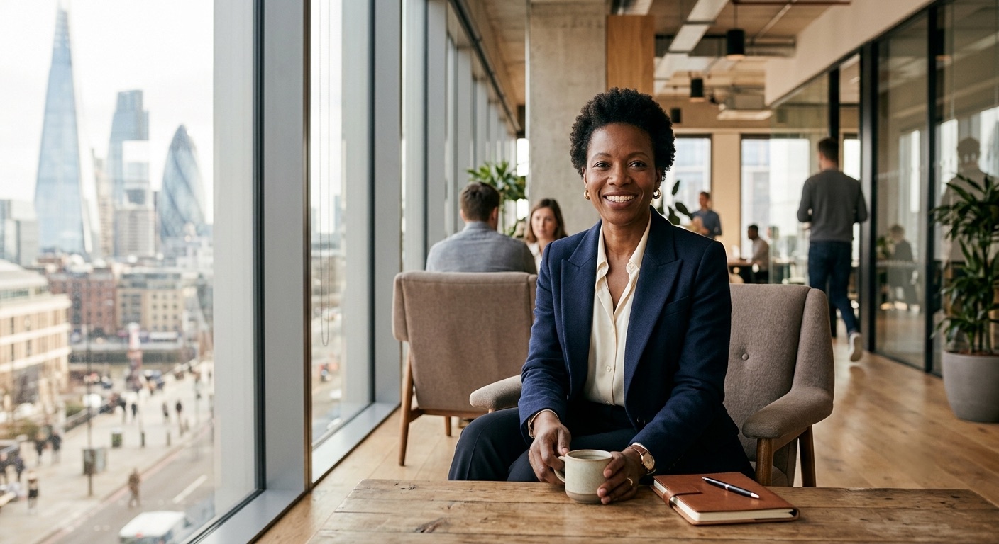 Liderança sorrindo em um escritório claro e moderno, com vista para a cidade.
